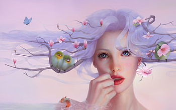 Spring, blosom, bird, gorgeous, primavara, branch, superb, pink, fantasy, flower, cherry, sakura, face, ogouo, pasari, blue, frumusete, girl HD wallpaper