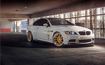 BMW M3, E92, front view, exterior, white coupe, golden wheels, M3 E92 tuning, white M3 E92, German cars, BMW HD wallpaper