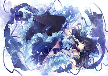 Blue Reimu, blue, cute, long hair, dress, butterfly, wing, female, bow, sexy, wings, ribbon, hakurei reimu, hot, blue eye, blue hair, girl, anime girl, anime, touhou, reimu HD wallpaper