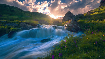 River at sunrise, landscape, clouds, cascades, sky, sun, stream HD wallpaper