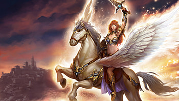 Girl and Pegasus, wings, horse, sword, fantasy, girl, pegasus HD wallpaper