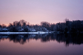 Dawn, sunrise, lake, trees HD wallpaper