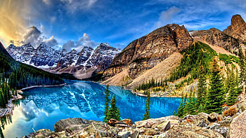 Moraine Lake, Alberta, trees, clouds, sky, water, canada, mountains, reflections HD wallpaper