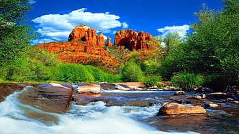 Red Rock Crossing, Arizona, trees, clouds, USA, sky, stones, River HD wallpaper