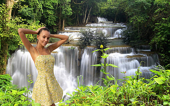Katya Clover at a Waterfall, waterfall, model, nature, dress HD wallpaper