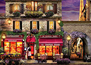 Red Hat Restaurant F, Red Hat, architecture, art, France, beautiful, cityscape, restaurant, artwork, scenery, wide screen, painting, Paris HD wallpaper