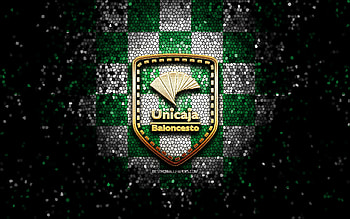 Unicaja Baloncesto, glitter logo, ACB, green white checkered background, spanish basketball team, Unicaja Baloncesto logo, mosaic art, basketball, Unicaja Baloncesto Malaga HD wallpaper