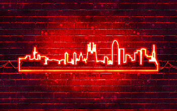 Barcelona red neon silhouette, , red neon lights, Barcelona skyline silhouette, red brickwall, spanish cities, neon skyline silhouettes, Spain, Barcelona silhouette, Barcelona HD wallpaper