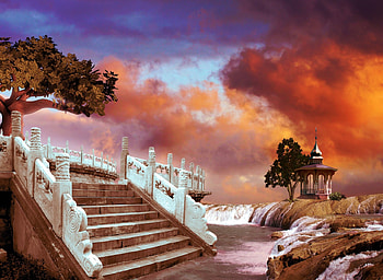 Fantasy World, stairs, clouds, trees, sky, water, sun HD wallpaper