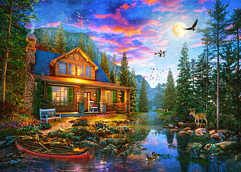 Moonlit cabin retreat, dominic davison, pictura, luna, cottage, cabin, art, dear, painting, moon, water HD wallpaper