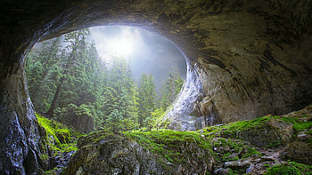 Peek To Heaven, natural bridge, Bulgaria, light, trees, cave, grass, forest, cloud HD wallpaper