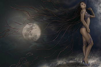 IN THE LIGHT OF THE MOON, NIGHT, HAIR, FEMALE, TATTOO, MOON HD wallpaper