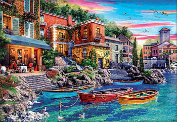 Sunset In Como, houses, painting, boats, lake HD wallpaper