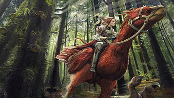 :), red, art, bird, fantasy, girl, forest, rider HD wallpaper