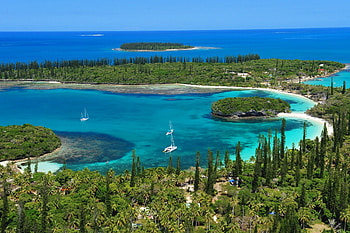 New Caledonia South Pacific, island, blue, sand, tropical, beach, trees, isle of pines, new caledonia, islands, ocean, sea, pacific, exotic, paradise, south, lagoon, pine, polynesia HD wallpaper