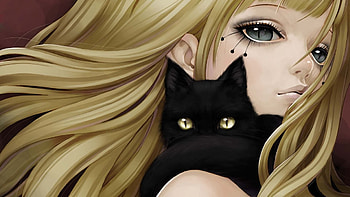 Blonde girl with black cat, blonde, black, fantasy, art, face, girl, cat HD wallpaper