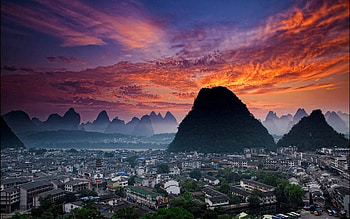 Cities, Auto, Sky, Mountains, Sun, Streets, Clouds, Fog, Greens, Evening HD wallpaper