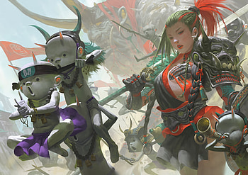 War, art, zeen84, girl, demon, purple, zeenchin, fantasy, green, red, luminos HD wallpaper