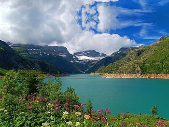 Emosson Lake, sky, flowers, mountains, lake HD wallpaper