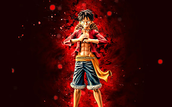 Monkey D Luffy, protagonists, One Piece, anime characters, manga, One Piece characters, protagonist, red neon lights, Straw Hat Luffy, Monkey D Luffy One Piece HD wallpaper
