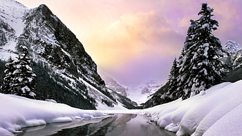 pastel river in a canyon, winter, trees, river, cliffs HD wallpaper