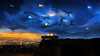 Where Whales Soar And Cities Glow, fantasy, artist, artwork, digital-art HD wallpaper