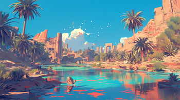 Desert Oasis Paradise, desert oasis, landscape, Digital Art, river, palm tree HD wallpaper