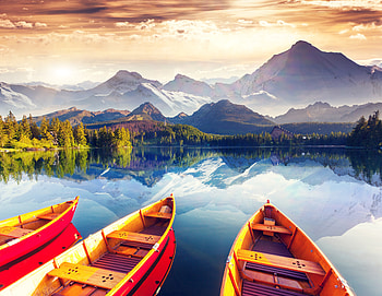 Mountains, boats, lake, tree, nature HD wallpaper
