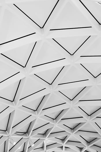 Explore the symmetry of this futuristic geometric ceiling in a striking black and white palette. HD phone wallpaper