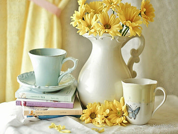 A Litttle Sunshine, cups, sunshine, books, yellow, floral, nature, flowers, china HD wallpaper