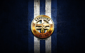 Kagoshima United FC, golden logo, J3 League, blue metal background, football, japanese football club, Kagoshima United logo, Kagoshima United HD wallpaper