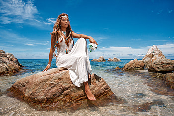 Beauty, blue, sea, white, model, stone, girl, woman, rock HD wallpaper