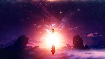 Dreaming, glow, clouds, sky, stars, girl, sun, surreal, landscape, digital, sunset HD wallpaper