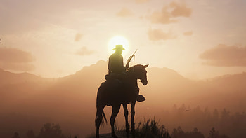 Red Dead Redemption 2 - Silhouette sunset, Arthur Morgan, cowboy, silhouette, sunset, video game, Red Dead Redemption 2 HD wallpaper
