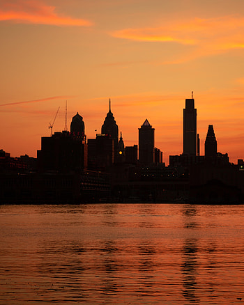 Cities, Sunset, Sea, Building, Silhouette, Skyscrapers HD phone wallpaper
