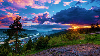 Drammen, Norway, river, hills, city, colors, clouds, trees, sky, sun HD wallpaper
