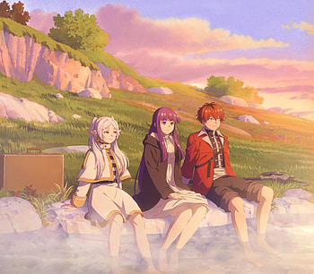 Frieren & Friends: Anime of Fern, Stark & Frieren at Sunset, Anime, Frieren: Beyond Journey's End, Frieren (Frieren: Beyond Journey's End), Fern (Frieren: Beyond Journey's End), Stark (Frieren: Beyond Journey's End) HD wallpaper