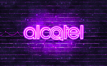 Alcatel violet logo, , violet brickwall, Alcatel logo, brands, Alcatel neon logo, Alcatel HD wallpaper