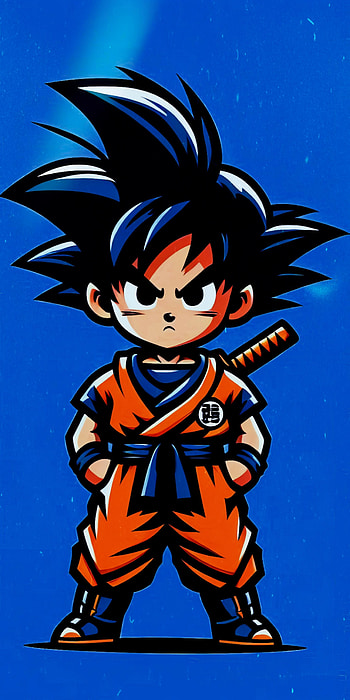 Kid Goku in an orange gi with a sword on his back, set against a blue background, Goku, Dragon Ball Z, Anime HD phone wallpaper