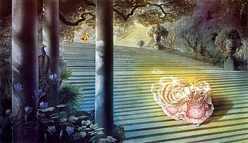Cinderella, art, tale, girl, dress, kinuko y craft, illustration, pink, stairs, fantasy HD wallpaper