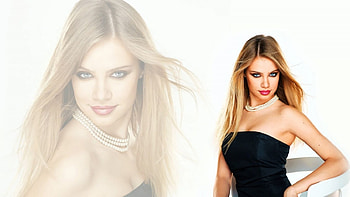 Xenia Tchoumitcheva, black dress, model, honey blonde, pearl necklace, posing, strapless, pear necklace HD wallpaper