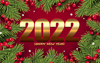 Happy New Year 2022, , Red Christmas background, Christmas tree frame, 2022 New Year, 2022 concepts, 2022 Gold background HD wallpaper