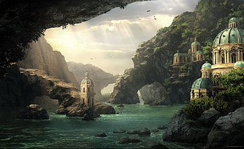 Peace Keepers, river, abstract, fantasy, monastery, , mountains HD wallpaper