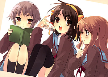 Suzumiya Haruhi no Yuutsu, asahina mikuru, cute, girl, cake, nagato yuki, book, anime, suzumiya haruhi HD wallpaper
