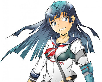 7th Dragon 2020, smile, white background, serafuku, girl, school uniform, black hair, long hair, ahoge, samurai, simple background, solo, female HD wallpaper