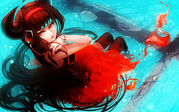 Doll, horns, heads, red eyes, girl, long hair, dress, water HD wallpaper