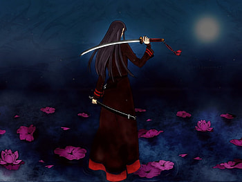 anime girl, night, girl, black, sword HD wallpaper