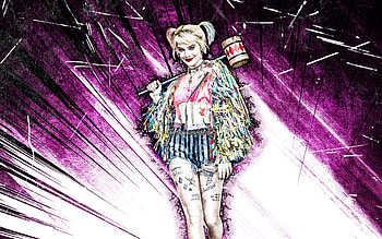 Harley Quinn, grunge art, Birds Of Prey, 2020 movie, purple abstract rays, Harley Quinn Birds Of Prey, Harley Quinn HD wallpaper