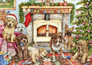 Christmas, dog, art, craciun, room, caine, tree HD wallpaper