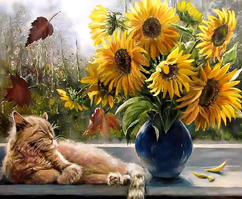 Cat sleeping at the Window, Flowers, Painting, Cat, Window HD wallpaper